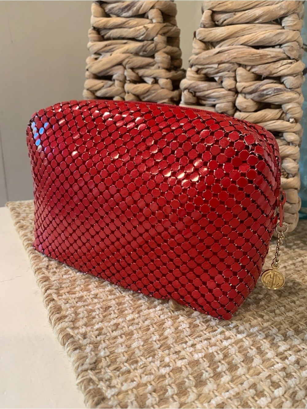 Glossy Red Quilted metal Cosmetic Case with Gold Charm